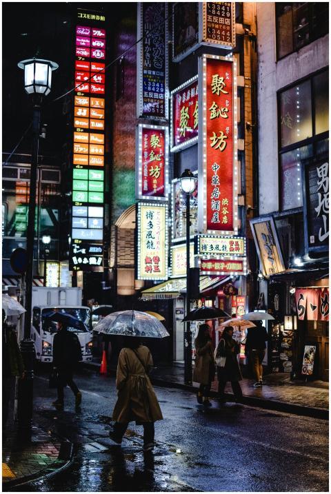 Vibrant street scene in Japan with people walking