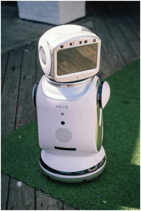 A modern robot stands on grass and wooden flooring