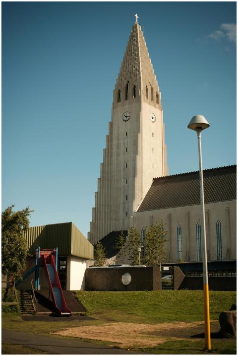 View of Hallgrimskirkja church and playground in R