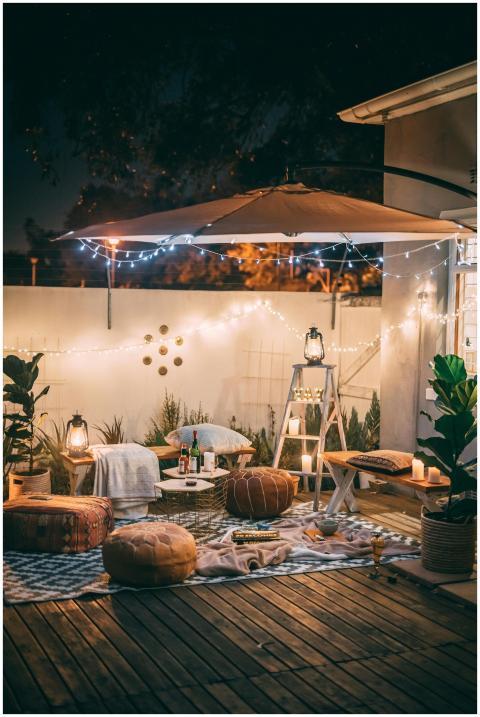 Charming outdoor patio scene with cozy seating and