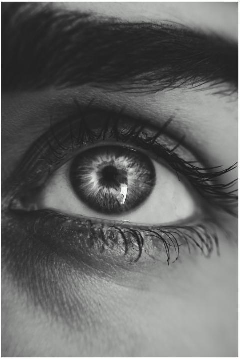 Detailed black and white macro shot of a human eye