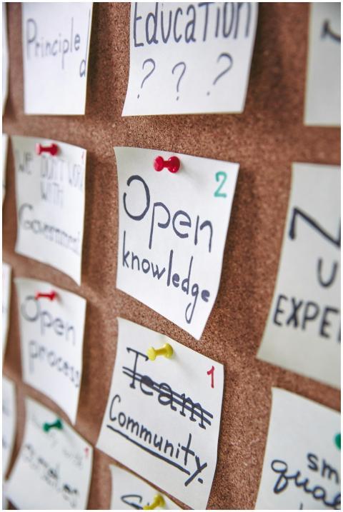 Bulletin board with pinned notes focusing on knowl