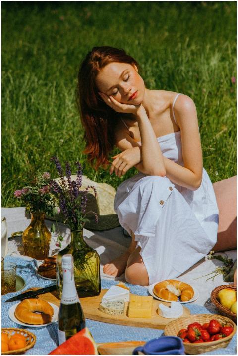 A tranquil summer picnic scene featuring a woman i