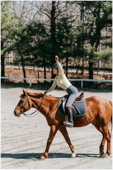 A woman riding a chestnut horse in an outdoor eque