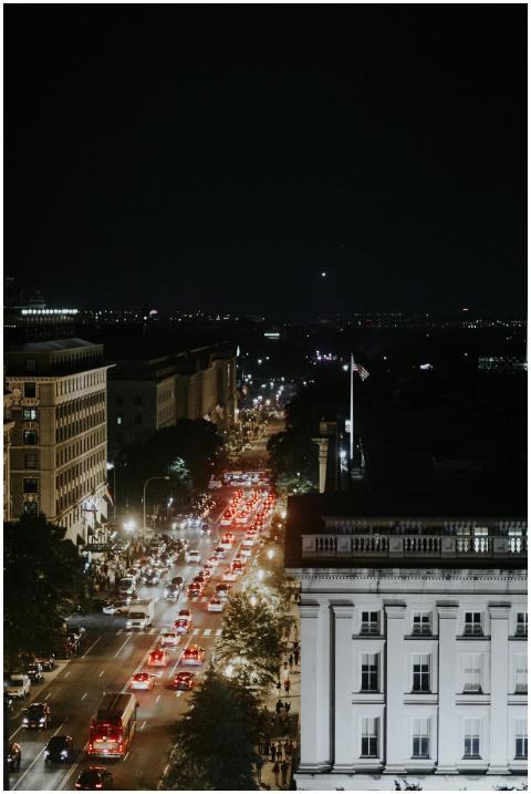 Aerial view of bustling Washington, DC streets at