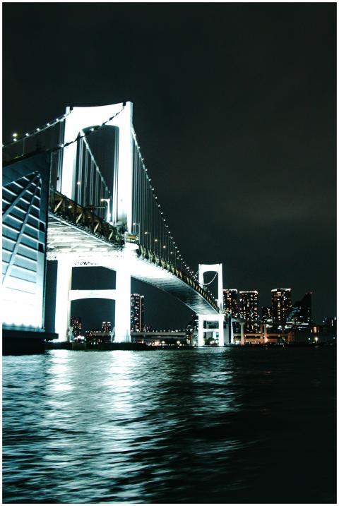 Illuminated Rainbow Bridge and Tokyo skyline at ni
