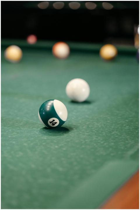 Close-up of billiard balls on a pool table with a