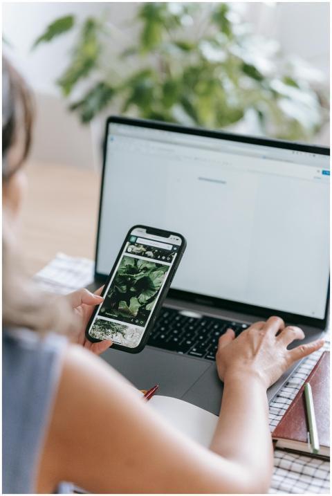 From above of crop anonymous female browsing netbo