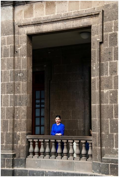 Woman Standing Balcony Historic