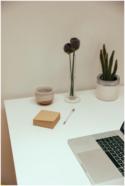 A clean, minimalist desk setup with laptop, pen, n