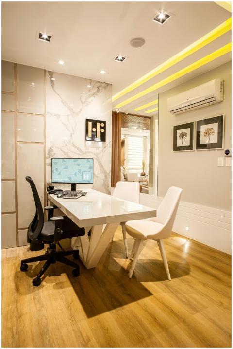 Elegant modern office interior featuring a sleek d