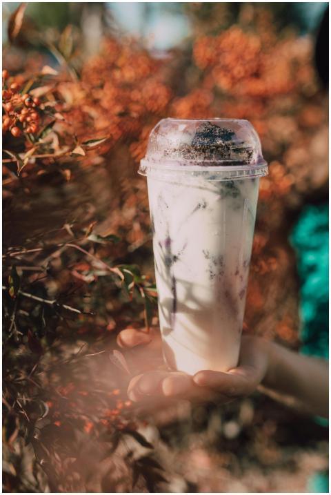A refreshing iced bubble tea in a clear cup held a