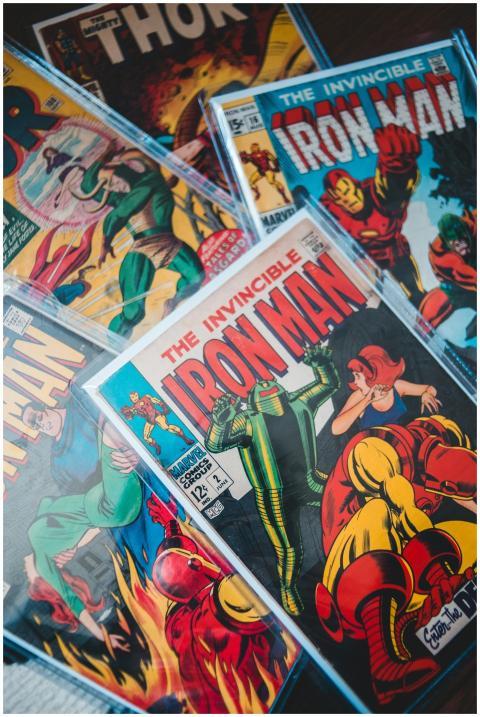 Close-up shot of vibrant vintage comic books featu