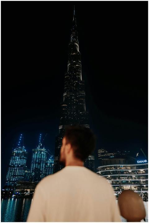 A night scene featuring Burj Khalifa in Dubai with