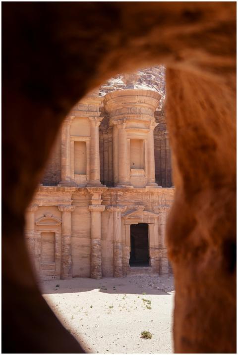 View of the iconic Petra monument seen through a r