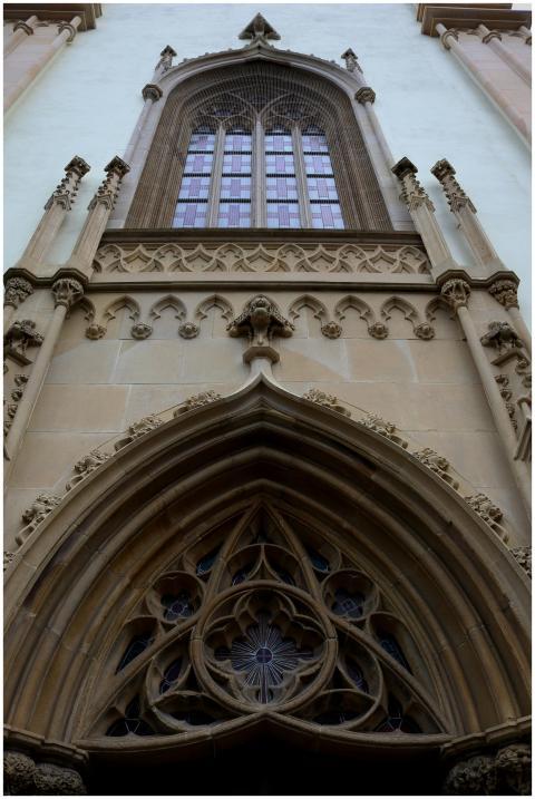 A detailed view of the Gothic architecture at St.