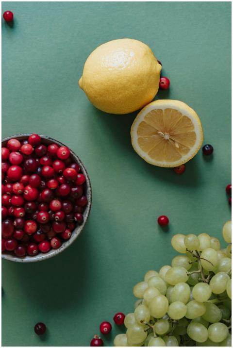 Colorful still life of fresh lemons, cranberries,