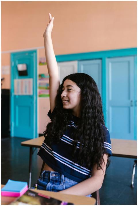 Smiling young student raising hand in a lively cla