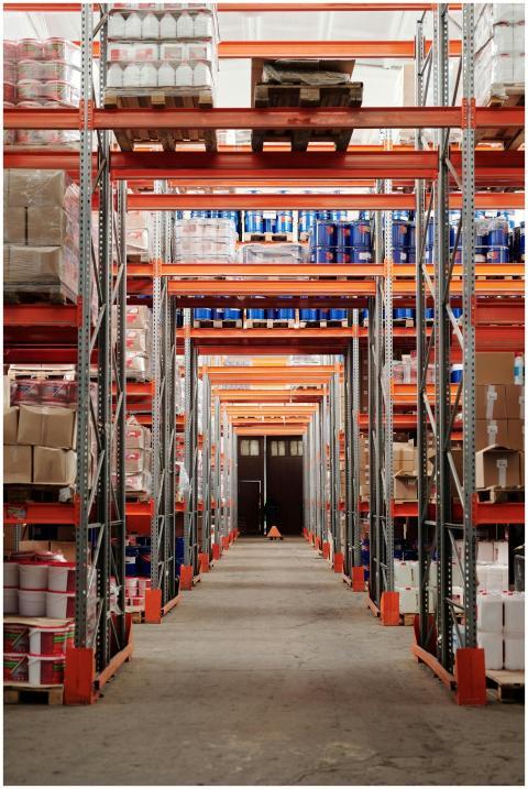 A modern warehouse interior showcasing organized s