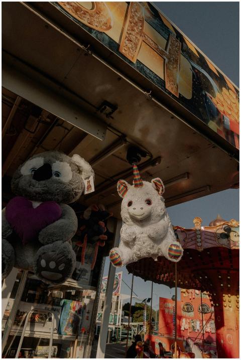 Vibrant display of plush toys at an amusement park