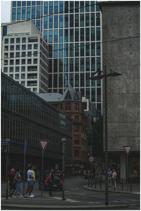 Pedestrians and skyscrapers in downtown Frankfurt,