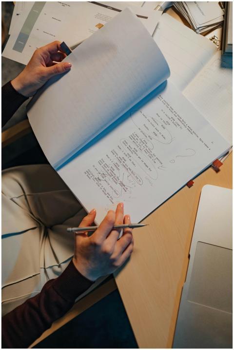 Top view of a student studying with notes on a des