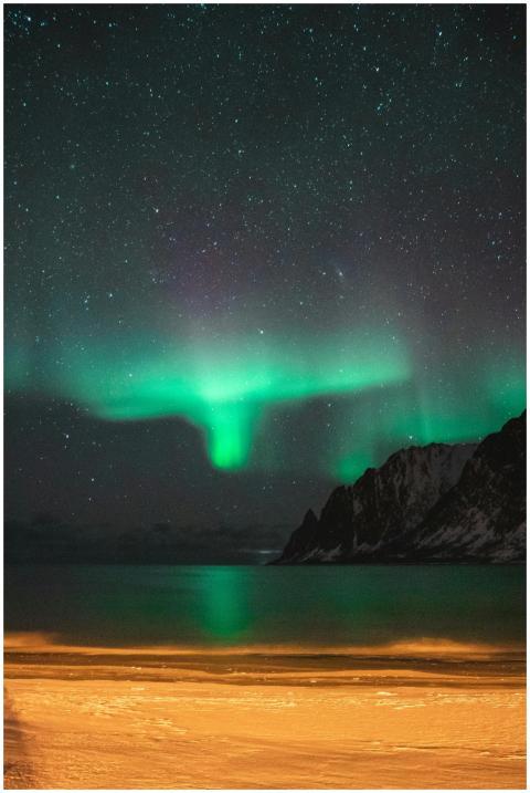 Night sky illuminated by Northern Lights over snow