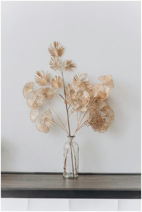 A minimalist dry flower arrangement in a glass vas