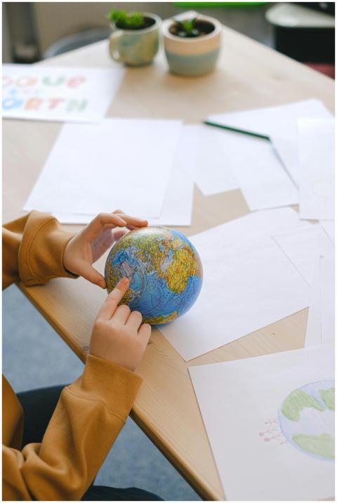 Child sitting at a desk pointing at a globe, surro