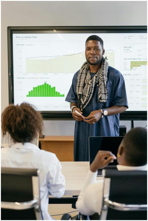 Business professional presenting data analysis in