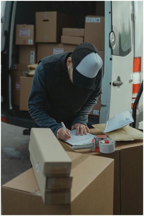 Courier organizing packages from a van, preparing