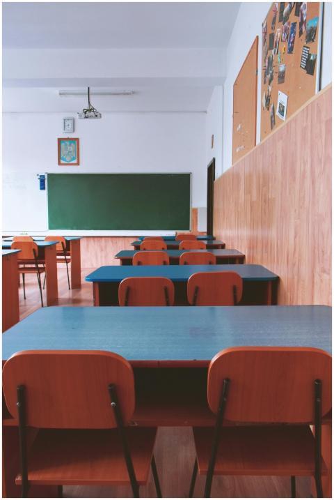 A tranquil empty classroom with wooden furniture a