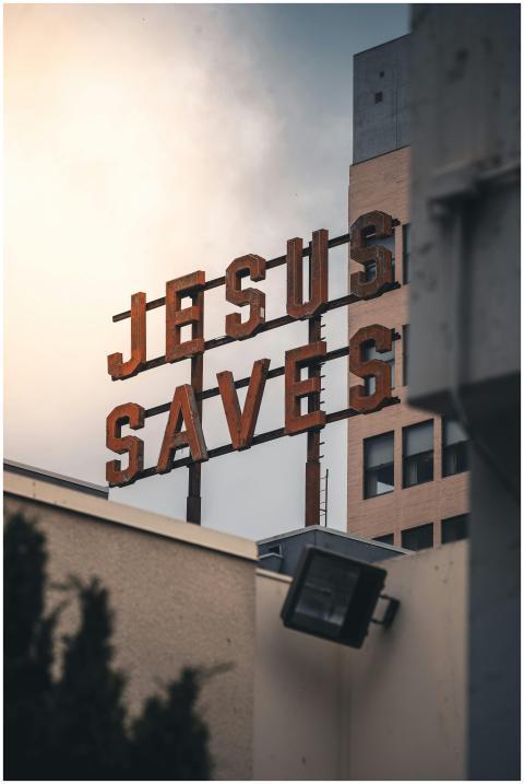 A striking view of the Jesus Saves sign against th