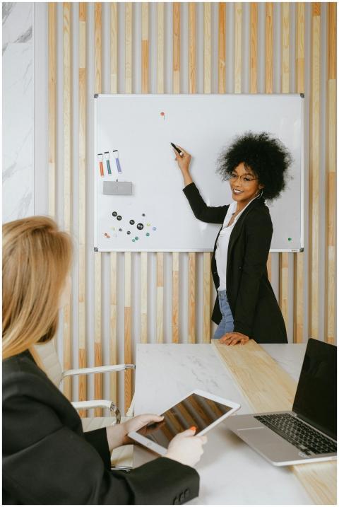 Confident businesswoman leading a presentation usi