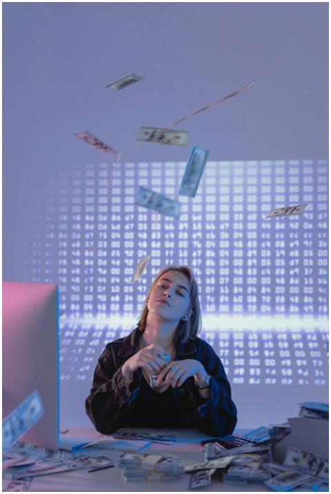 Confident woman with cash and data projections, re