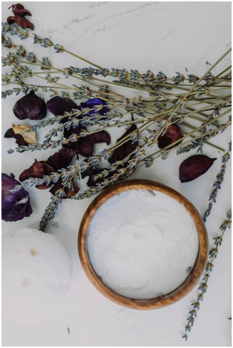 Flat lay of natural skincare products with lavende