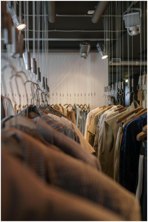 Vertical shot of fashionable clothes on hangers in
