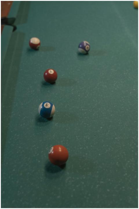 Top view of billiard balls scattered on a classic
