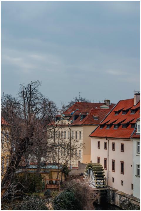 View of charming Prague buildings with red roofs a