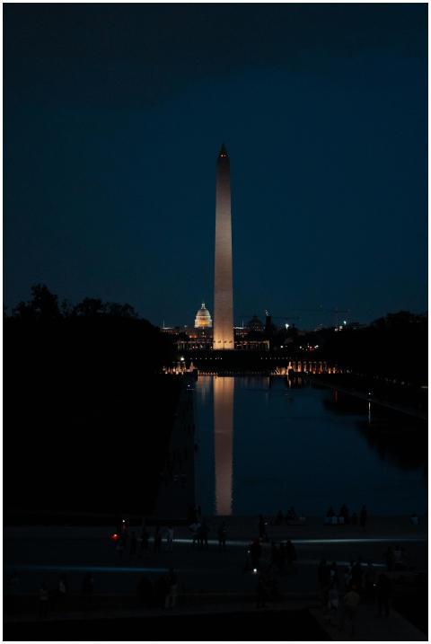 Night view of the Washington Monument reflecting i