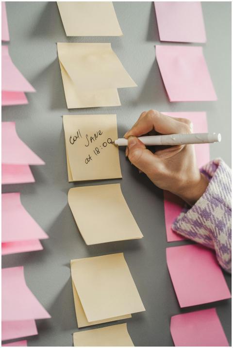 Close-up of hand writing a reminder on sticky note