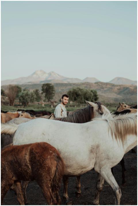 A man stands amidst a group of horses in a picture