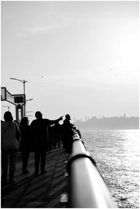 Silhouettes of people walking along a waterfront p
