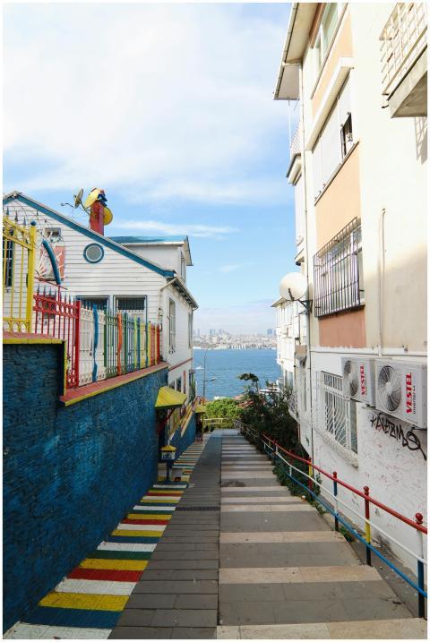 Vibrant street view in Istanbul with colorful buil