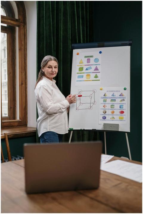 Senior woman teaching geometry concepts online wit