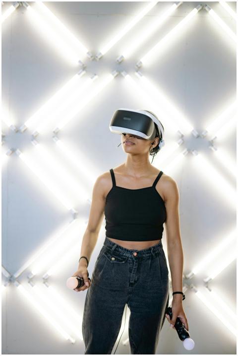 Woman enjoying immersive virtual reality experienc