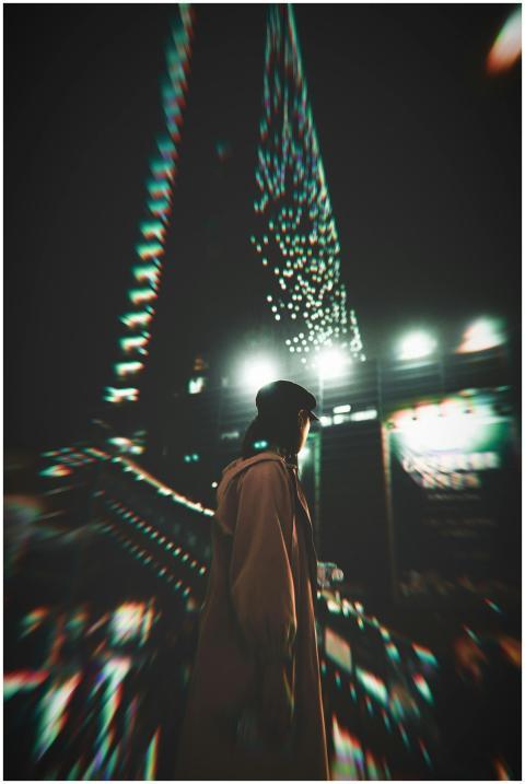 Blurry cityscape at night with light trails and a