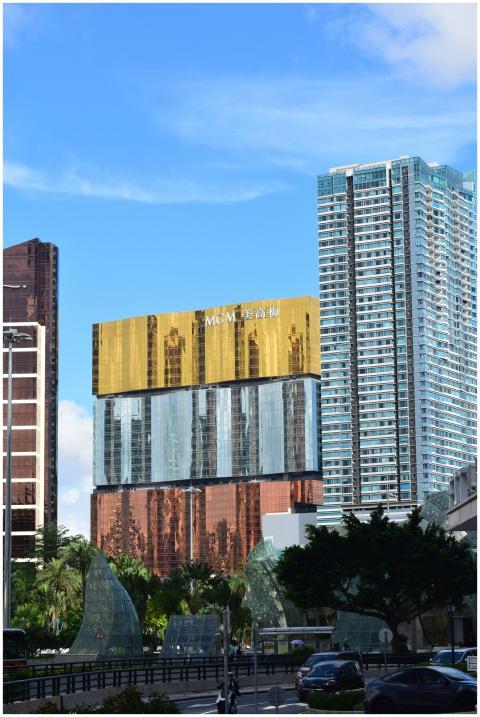 View of modern skyscrapers in Macau with clear blu