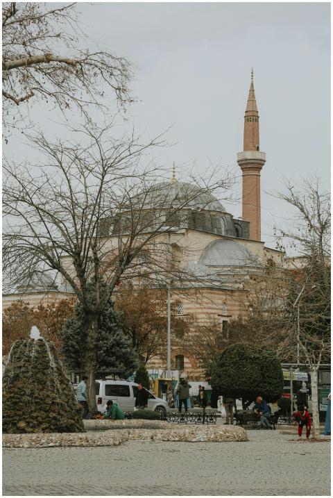 A scenic view of a historic mosque with trees and