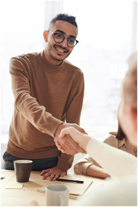 Smiling professionals engage in a welcoming handsh